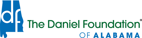 The Daniel Foundation of Alabama logo. Text of company name with the outline of Alabama to the left that includes "D.F."